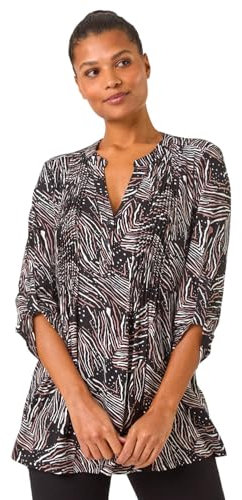 Roman Originals Pintuck Shirt for Women Ladies Jersey Blouse Collarless Top Flare Crinkle Notch Neck Tunic 3/4 Length Sleeve Longline Smart Casual Everyday Party Going Out - Mocha - Size 14