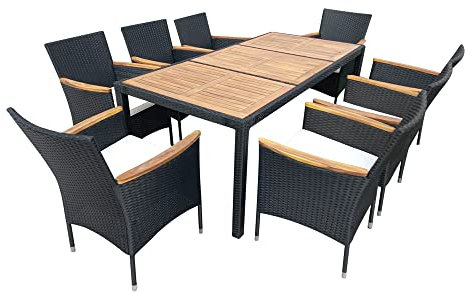 Panana 9 Piece Patio Rattan Dining Set, Wicker Garden Table and Stackable Chairs Set with Wood Table Top, Removable Cushions Balcony, Backyard, Poolside Outdoor