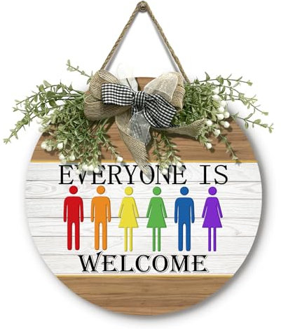 Cryfox Rainbow Welcome Sign Everyone is Welcome Wooden Door Hanger LGBTQ Pride Decor 12 x 12 inch