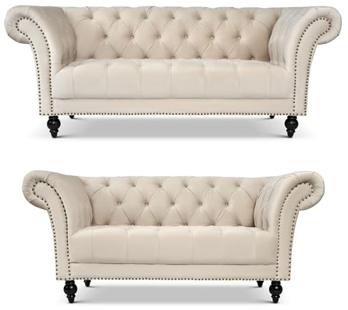 Bravich Chesterfield Sofa Set - Cream Velvet Fabric, 2 Seater & 3 Seater, Living Room Furniture, 2 Piece Collection, Easy Clean