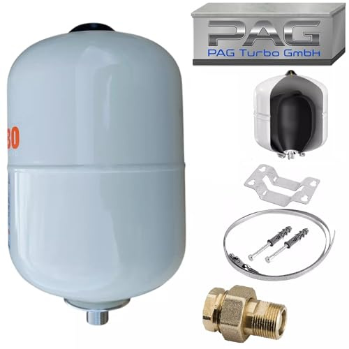 PAG Turbo GmbH® - Ausdehnungsgefäß für Brauchwasser Trinkwasser 8L, 12L mit Halter + Schnellkupplung (8 Liter SET)
