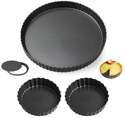 ORARTMM 4 Stück Tarteform mit Hebeboden & Quicheform Set - 2x10cm + 24cm + 28cm Antihaftbeschichtung,Obstkuchenform für Quiche, Tarte, Pie, Weihnachtsgebäck (Kohlenstoffstahl, 4-teilig)