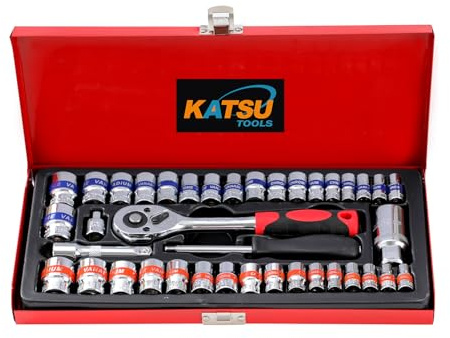 KATSU Tools 40-Piece 1/4 & 3/8 Drive Socket Set - CR-V, 3/16-3/4 Inch Size and 4.5-19mm Metric Size, 24 Teeth Ratchet Wrench, Steel Carry Case, Mechanic Tool for DIY, Car Repair