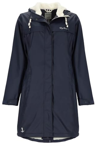 Dry Fashion Damen Regenmantel Oslo - PU-Mantel Outdoor in Navy, Größe 36 | Wind- & wasserddicht, Verschweißte Nähte, 2-Wege-Reißverschluss, Verstellbare Kapuze, Kinnschutz, Taillenregulierung, Taschen