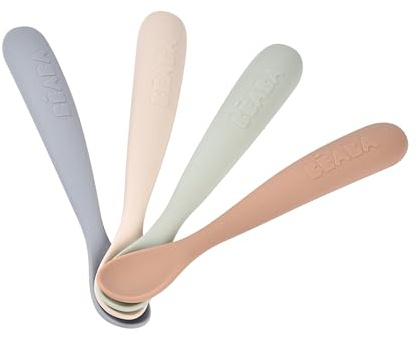 BÉABA Set of 4 Silicone Spoons for Baby/Infant Early Age – from 4 Months, Soft Rounded Tip, Long Ergonomic Handle, Non-Stick Silicone, Dust-Resistant Finish – Natural