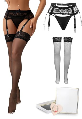 sunshinlady Porte Jaretelles Dentelle Femme Grande Taille Sexy pour Bas | Porte-jarretelle Sexy Ensemble avec 4 Attaches Adjustable,Guêpière Lingeire Transperente avec String Respirant,Tenue Hot