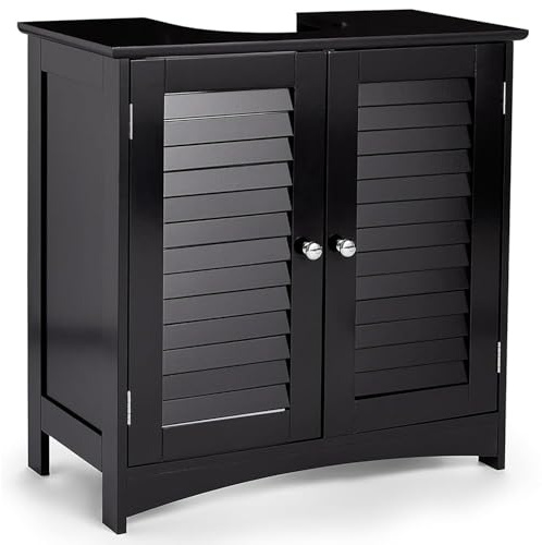 Thrink Under Sink Storage Cabinet – Freestanding Bathroom Cupboard with Shutter Doors & 2 Adjustable Shelves – Compact Space-Saving Under Basin Unit for Storing Toiletries, Towels & Essentials (Black)