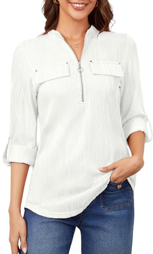 Akiooue V-Ausschnitt Bluse Damen 3/4 Arm Elegant Oberteil Langarm Tunika | Damenbluse mit Reißverschluss, Festliche Blusen, Business Oberteil, Lässig Longbluse für Frühling Sommer Herbst Büro&Freizeit