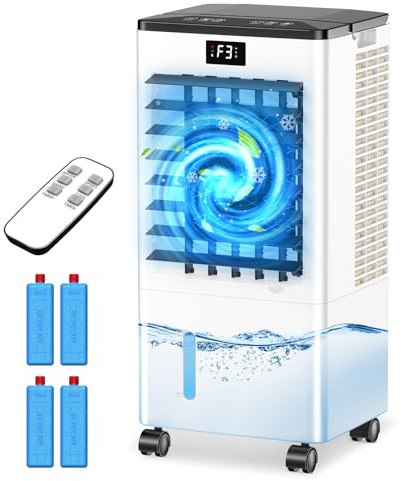 Mobile Klimaanlage, Luftkühler mit Bildschirm, 3 Modi & 3 Windgeschwindigkeit, 12H Timing, Fernbedienung, 8L Großer Wassertank, 4 Eispacks, 60W Mobiles Klimatisierungsgerät Ohne Abwasseranschluss