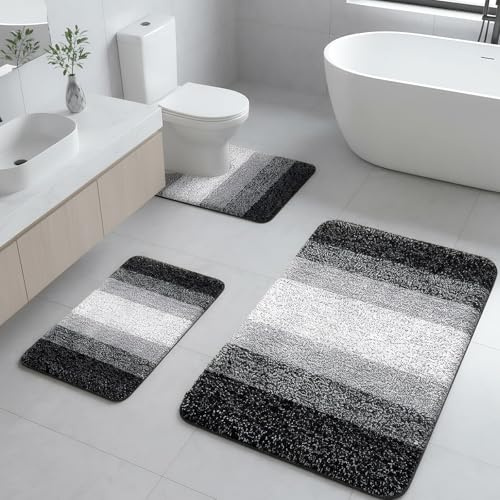 HEUIOP 3 Pcs Bath Mats for Bathroom, Non-slip Absorbent Microfibre Bathroom Rug, Square Bath Mat and U-shape Pedestal Toilet Mat Set (Black)