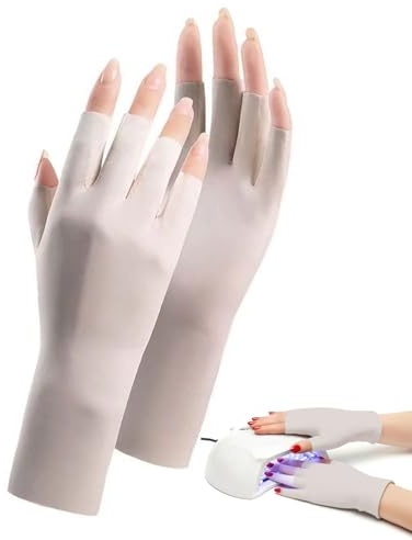 CULEB 1 Par Guantes Anti UV,Profesional UPF50+ Guantes Sin Dedos con Anti UV,Guantes de Manicura en Gel para Lámparas de Uñas,para Manicura Esmalte Uñas Ciclismo Fitness(Beige)