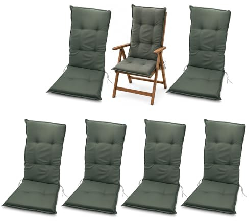 BURI 6X Hochlehner Auflage 117x49x6 cm - wetterfeste Gartenstuhlauflage mit Schaumkern & Vollvlies, Halteband & Bindebänder, bequemes Stuhlpolster für Balkon, Terrasse & Garten (Grün)
