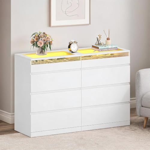 Hzuaneri Kommode mit LED-Beleuchtung, 8 Schubladen, 40 x 120 x 80 cm, Weiß | Moderner Seiten-Schrank, Mehrzweck-Aufbewahrungsmöbel für Schlafzimmer, Wohnzimmer, Eingangsbereich, 1212003XEU