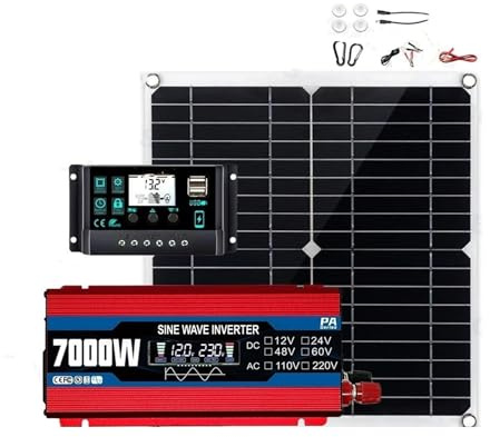 Convertisseur Kit Système Solaire Complet Panneau 7000/300W Onduleur Onde Sinusoïdale pour 12V DC À 110V/220V Contrôleur 100a Camping-Car Maison Onduleur