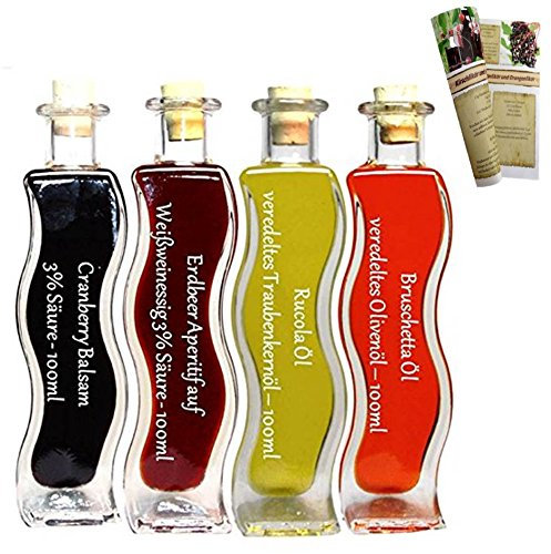 Geschenkset & Probierset | 2 x 100 ml Öl & 2 x 100 ml Essig | Bruschetta Öl - Rucola Öl - Cranberry Balsam - Erdbeer Aperitif Essig | und dazu eine Rezeptbroschüre