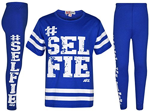 A2Z 4 Kids Girls Selfie Print 2 Piece Clothing Set Short Sleeve T-Shirt with Striped Sleeves And Matching Leggings Trendy Lightweight Comfortable Outfit Age 7-8 Years