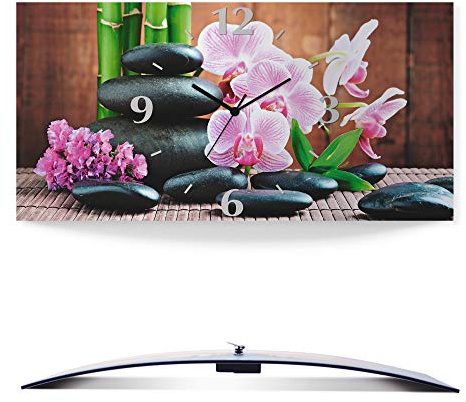 ARTLAND Wanddeko Wanduhr ohne Tickgeräusche Alu Funkuhr 50x25 cm Rechteckig Lautlos Zen Asiatisch Spa Blumen Asien Natur Design Orchidee T5OO