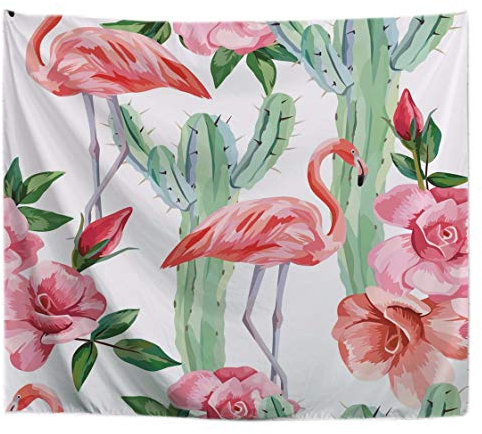 A.Monamour Wanddekor Wandbild Vorhang Wandteppiche Aquarell Rosa Flamingo Kaktus Rosen Weiß Floral Hintergründe Textilgewebe Wandbehang Gobelin Wanddekore Vorhänge Bettdecken Für Zu Hause 203x153cm