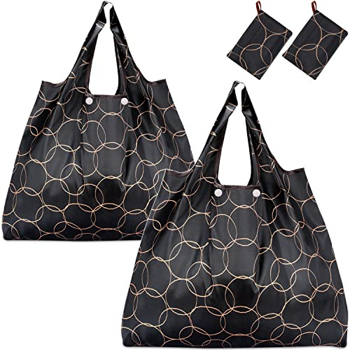 KINGMAS Reusable Grocery Bags, Eco-Friendly Folding Tote Shopping Bag fits in Pocket, Washable Waterproof Nylon Pouch Bags (2 Pack (Black))
