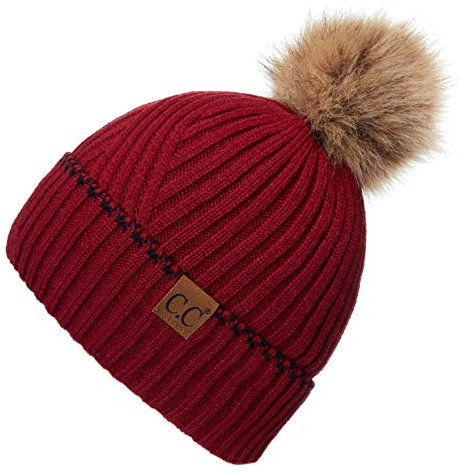 C.C Exclusives Solid Pom Beanie Mütze mit akzentuiertem Bündchen (YJ-920) (Burgundy)