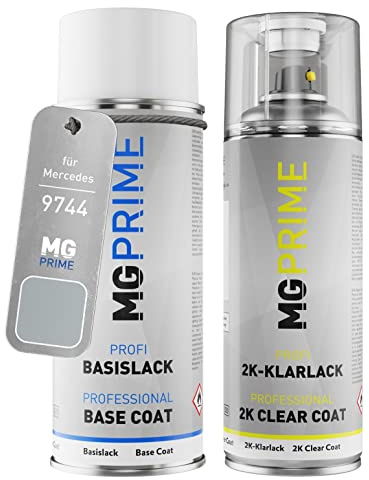 MG PRIME Vernice per auto Spray per Mercedes 9744/744 Brillantsilber. +2K | Brilliant Silver Metallic / Brillantsilber Metallic, Kit vernice di base + trasparente 2K, bombolette spray 400ml