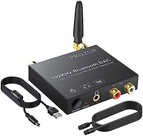 PROZOR Bluetooth DAC Converter 192kHz - Digital to Analog Audio Converter Bluetooth Optical Coaxial Digital Signal Input, RCA 3.5mm Analog Signal Output with a 1m/3ft Optical Cable for DVD PS3/4 HDTV