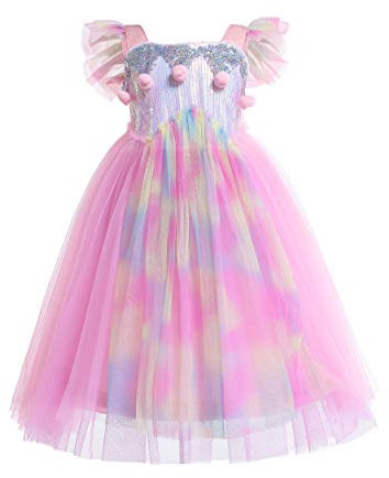 Lito Angels Robe Arc-en-Ciel Princesse Licorne pour Enfant Filles, Robe Rose Tulle à Sequins Fête Anniversaire Carnaval, Taille 5-6 ans