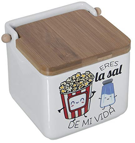 DRW Salero Original cerámica Cuadrado con Tapa madera12x12x12 cm (Palomitas Blanco)