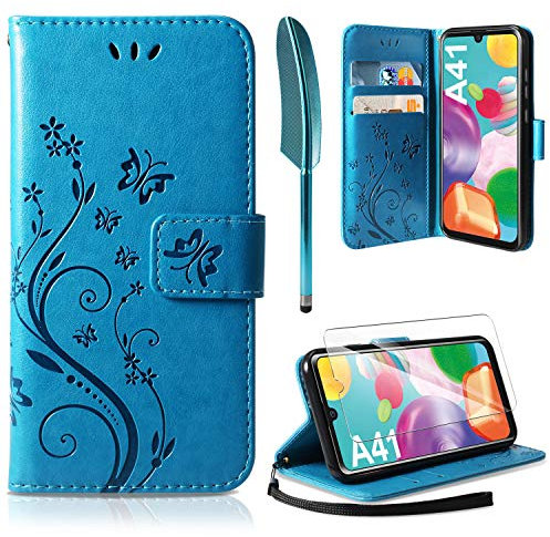 AROYI Lederhülle Samsung Galaxy A41 Hülle + HD Schutzfolie, Samsung Galaxy A41 Flip Wallet Handyhülle PU Leder Tasche Case Kartensteckplätzen Schutzhülle für Samsung Galaxy A41