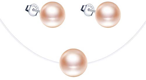 Yumilok Ensemble de bijoux collier et boucles d'oreilles en perles, Collier pendentif et boucle d'oreilles en argent 925 pour femme fille, collier ras du cou clavicule en ligne de pêche, rose