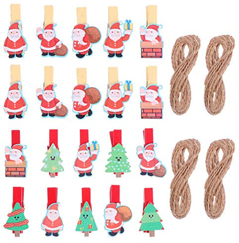 EXCEART 40 Stücke Weihnachten Holzklammern Mini Holz Wäscheklammern Zierklammern Nikolaus Baum Design Deko Klammern Basteln Foto Clips mit Seil für Fotowand Snacks Handwerk DIY