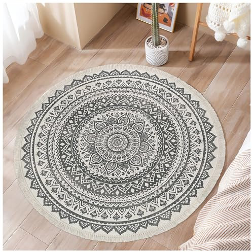 ConCus-T Round Cotton Area Rugs 120cm Hand Woven Tassels Carpet Chic Bohemian Pattern Floor Mats Boho Carpet for Bedroom Living Room Sofa Coffee Table Swing Chair Bed Side, Grey Black