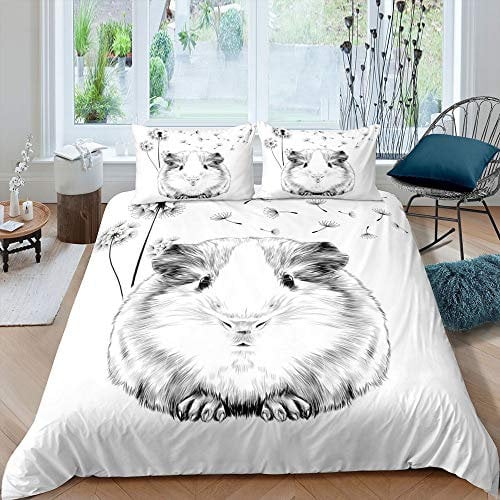Homewish Guinea Pig Duvet Cover Dandelion Bedding Set King Size Cartoon Guinea Pig Quilt Cover For Kids Cute Animal Plant Comforter Cover,Gray White Bedspread Cover Bedroom Living Room Decor