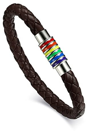 Flongo LGBT Lederarmband Leder Armband Armreifen Manschette Seil Braun Regenbogen Streifen Gay Pride Schwul Homosexual Homosexuell Magnet Verschluss für Männer Frauen