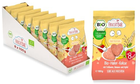 FruchtBar Bio Hafer Kekse mit Erdbeere, Banane und Apfel, 8er Pack zuckerfreier Kinder-Snack, für Babys ab 8 Monaten & Kinder, 8x100g