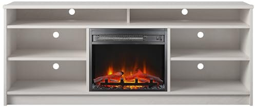 Ameriwood Home Hendrix TV Stand with Electric Fireplace Insert and 6 Shelves, 65, Ivory Oak