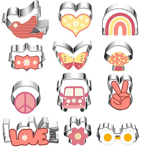 Kacctyen Ausstechformen-Set für Weihnachten, Edelstahl, Motiv: Bus, Schmetterling, Herz, Blume, Keksausstecher, Küche, Backen, Keksausstecher, Metall, Ausstechformen für Hippie-Party, 12 Stück