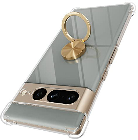 STARRYNOVA Hülle Ringhalter Kompatibel mit Google Pixel 7 Pro, Crystal Clear Handyhülle Silikon Vier Ecken Anti-Fall TPU Case 360 Grad Ständer Schutzhülle - Gold Ring