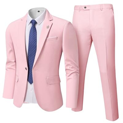 Hihawk Costume 2 pièces pour homme avec tissu extensible, blazer uni à un bouton, veste gilet et pantalon avec cravate., rose clair, Taille M