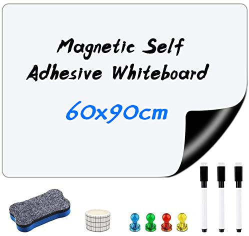 Whiteboard Magnetic，60 * 90CM Self Adhesive White Board Dry Erase Wall Sticker for Any Smooth Surface Home Kitchen Fridge Shopping List and Office Notice Board for Kids/Drawing/Memo/Wall/School