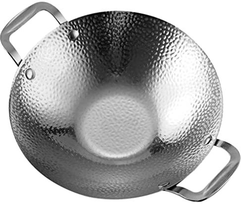 BESTonZON Wok Pan Stainless Steel Stir Fry Pan Flat Bottom Chinese Wok Scratch Proof Cooking Skillet Pot Cookware with 2 Handles for Gas Induction Silver 8in