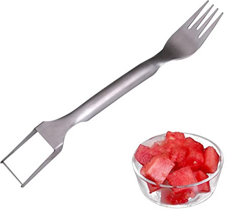 sandía, tenedor sandía acero inoxidable 2 en 1 y tenedor para cortar frutas, tenedor para cortar frutas, herramienta corte cubo melón, utensilio cocina