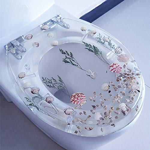 Erleben Sie ein hygienisches und komfortables Badezimmer mit transparentem Toilettensitz aus Kunstharz mit echten Muscheln und Sanden und antibakteriellem Edelstahl-Scharnier – langsames