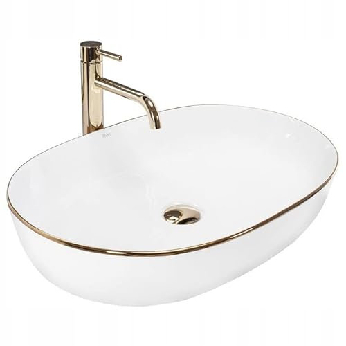 Rea Aufsatzwaschbecken CLEO WHITE Gold Edge, Waschtisch Handwaschbecken Waschschale Waschbecken für Badezimmer aus hochwertiger Keramik, 605 x 410 x 140 mm (Weiß/Gold)