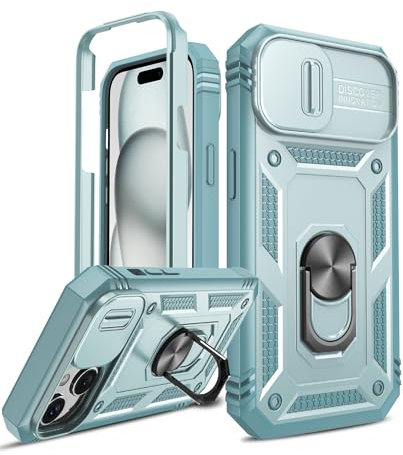LeYi for iPhone 15 Plus Case with Camera Cover Slider(Not include Screen Protector), Front Frame+Back Case, Full Body Armour Military Grade Shockproof Phone Cover | Ring Stand Holder Green