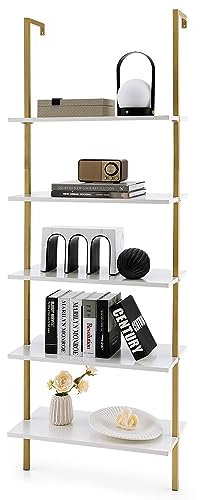 HOMASIS Estantería Escalera con 5 Niveles, Librería de pared con Estructura de Metal, Estantes de Almacenamiento, Moderna estantería de pie, para salón, oficina, dormitorio, 60x30x180cm (Blanco)