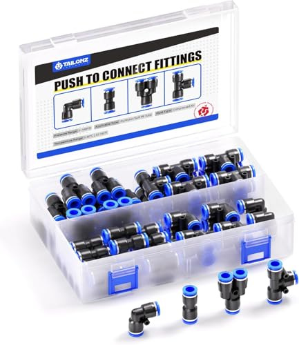 TAILONZ Pneumatic 1/4 Inch od Push to Connect Fittings Pneumatic Fittings Kit 15 Spliters+15 Elbows+15 tee+15 Straight (60 pcs), 1/4ZHJT 60PCS