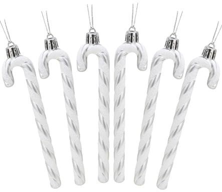 6 Stück Weihnachtsbaumschmuck Zuckerstangen zum Hängen, Weihnachtsdeko Anhänger Zuckerstange Ornamente, Christbaumschmuck, Candy Weihnachtsdeko, Silber und Weiß