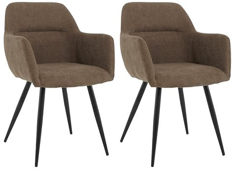 Mevsim Store Esszimmerstühle 2er Set Braun – Polsterstühle mit Armlehne aus Leinenstoff – Bequeme Küchenstühle mit Metallbeinen für Wohnzimmer & Essbereich