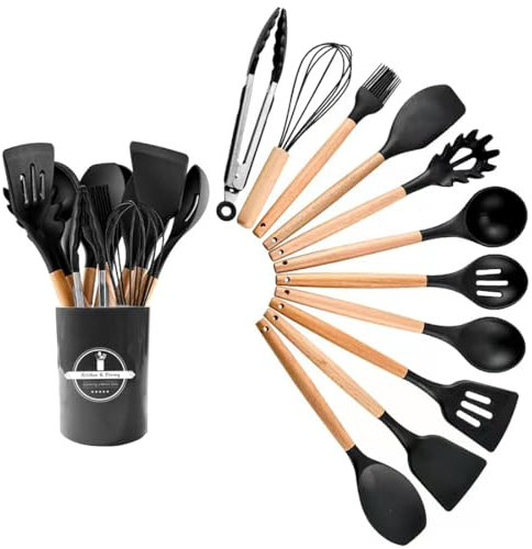 GJIE Kitchen Utensil Set, 12 PCS Silicone Cooking Utensils Set with Wooden Handle, Heat Resistant, Nonstick Cookware Tongs Spatula Spoon Set, Dishwasher Safe, Best Kitchen Tools (Black)